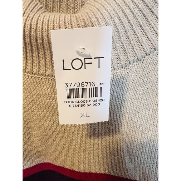 LOFT Striped Rib Trim Mock Neck Sweater Sz XL Preppy Academia Tan Red Cotton NWT - Picture 8 of 8
